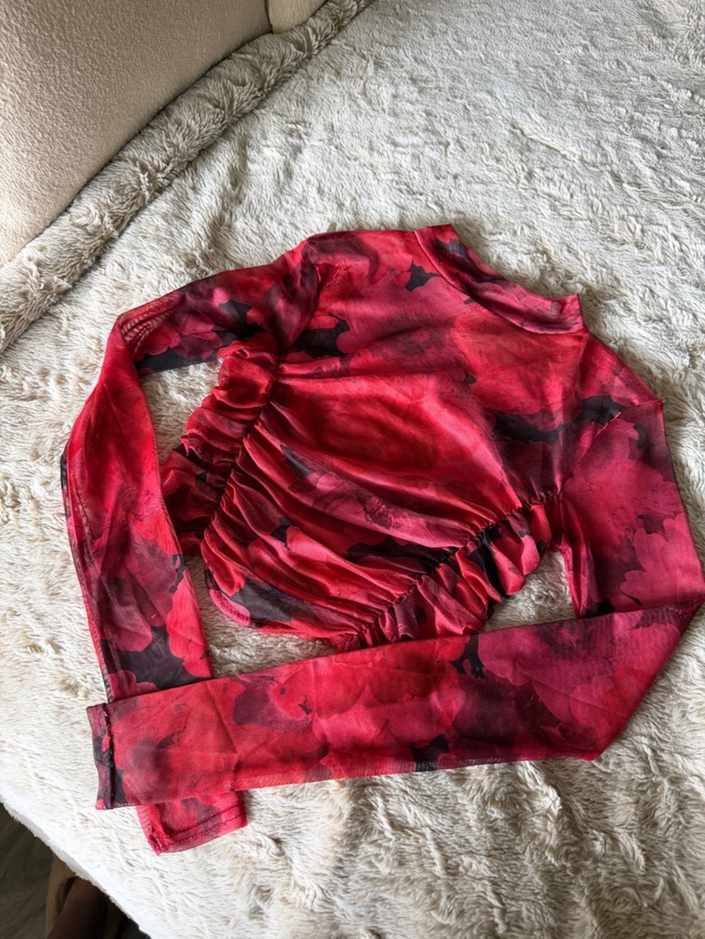 Red Ruched Long-Sleeve Floral Top